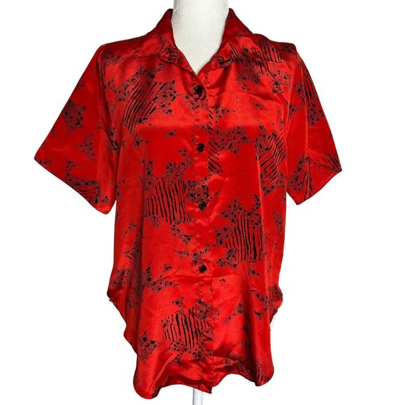 Vintage 80s Red Black Button Up Blouse Medium Short Sleeve Abstract Print - Picture 1 of 8